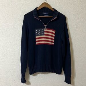 Vintage Polo Sport American Flag Knit 1/4 Zip Pullover Sweater L